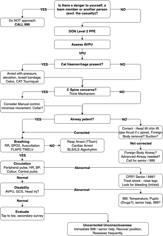 A diagram showing a flowchart for an unconscious casualty